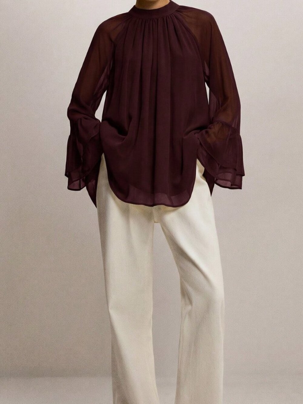 Brown Elegant Women's Minimalist Loose Pleated Flare Sleeve Blouse